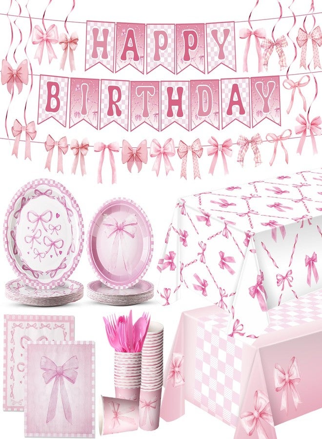 Zhehao 154 Pcs Pink Bow Party Supplies Set, Theme Birthday Party Decorations, Plates, Napkin, Cup, Fork, Knives, Spoon, Tablecloth, Spiral Charms, Banner for Birthday Dec Serves 20 Guest - Image 1